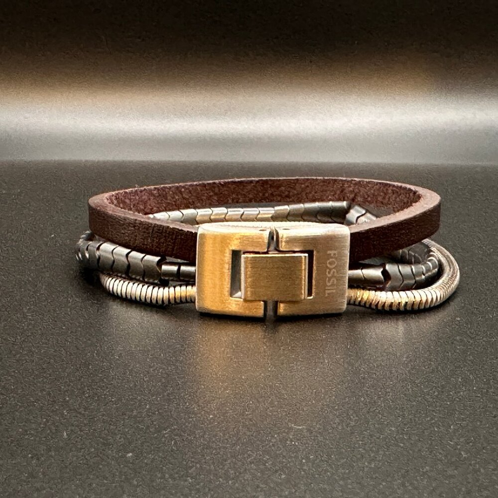 Fossil Brown Leather Multi-Strand Bracelet Stainless Steel Clasp 7” Giftable